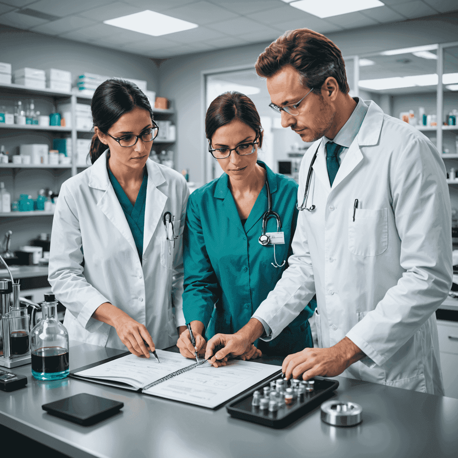 Medical professionals discussing latest health breakthroughs in a modern laboratory setting