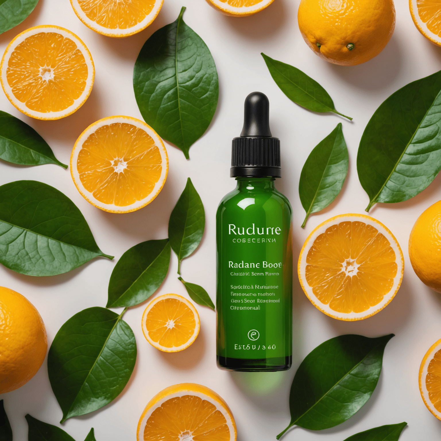 A sleek bottle of Radiance Boost Serum with a dropper, surrounded by fresh citrus fruits and green leaves, symbolizing its natural, vitamin-rich formula