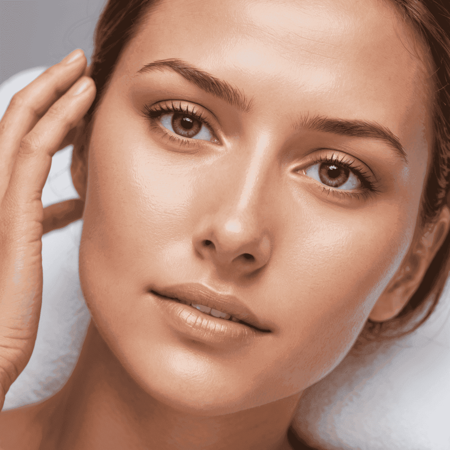 A close-up of radiant, glowing skin being treated with advanced rejuvenation techniques. Soft light illuminates the smooth texture and even tone of the skin, showcasing the effects of the treatment.