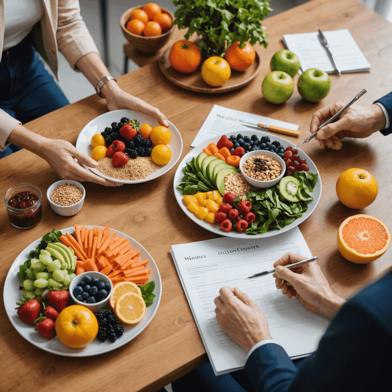 A nutritionist consulting with a client, discussing a colorful plate of healthy foods including fruits, vegetables, and whole grains. The image conveys a sense of personalized care and guidance towards better nutrition.