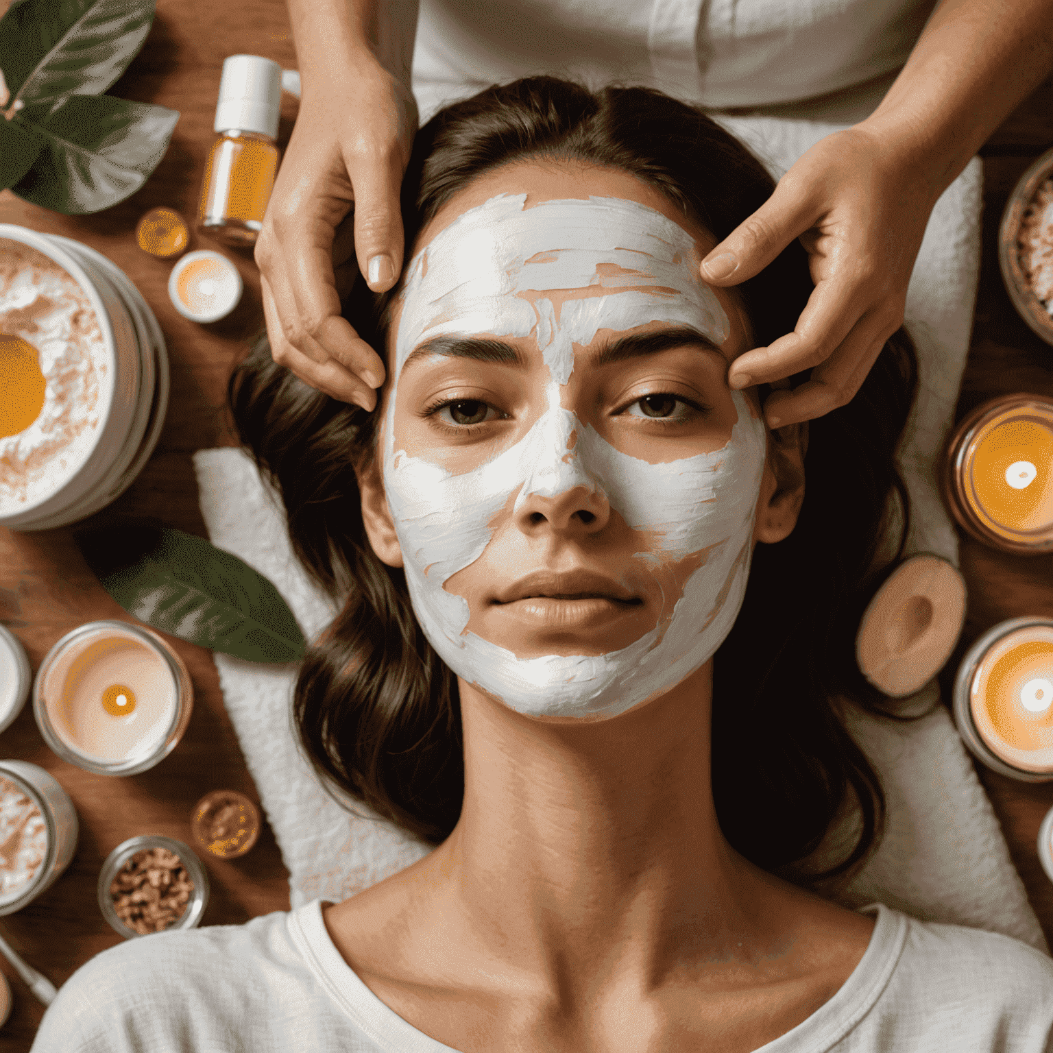 A woman receiving a facial treatment, surrounded by natural skincare products and soft lighting, emphasizing a radiant and glowing complexion