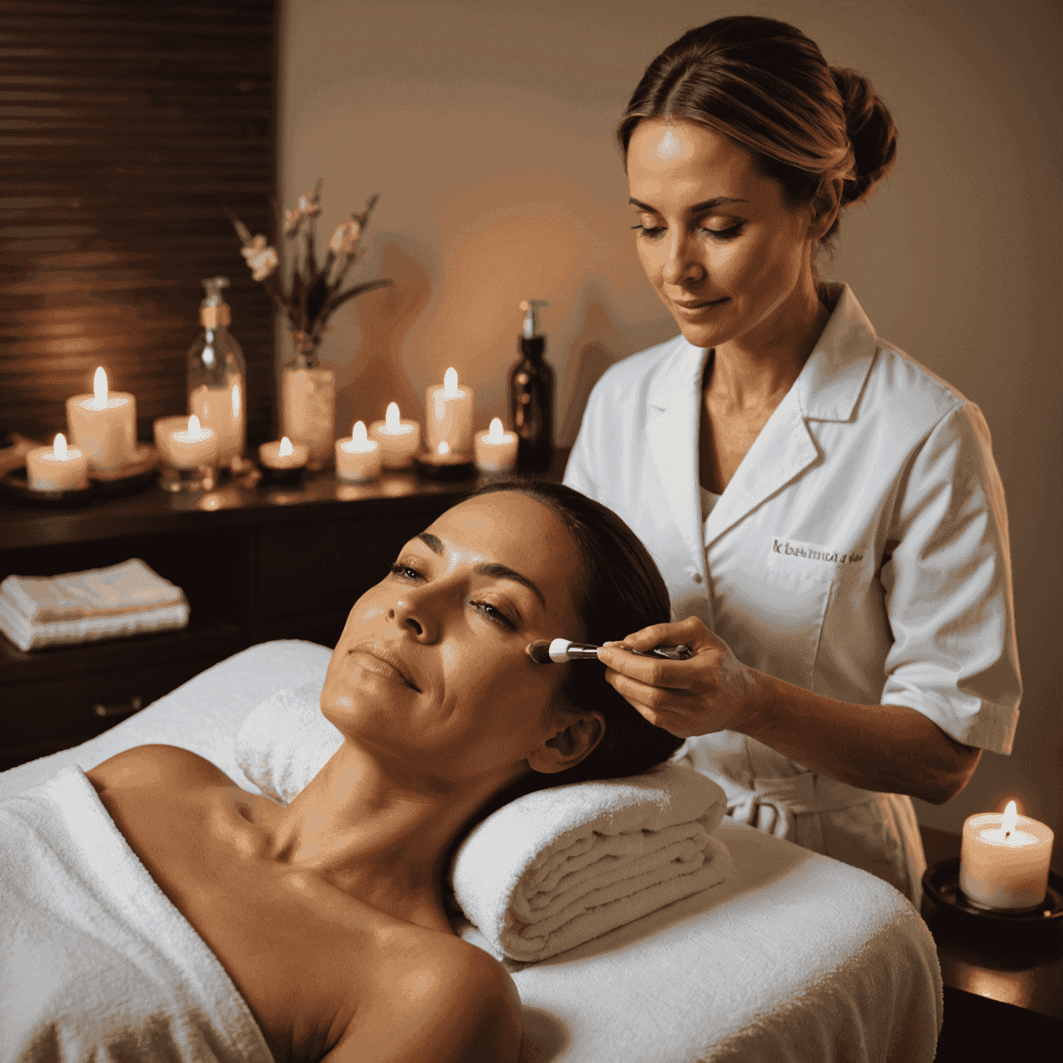 A serene spa environment with advanced anti-aging equipment, soft lighting, and a client receiving a facial treatment