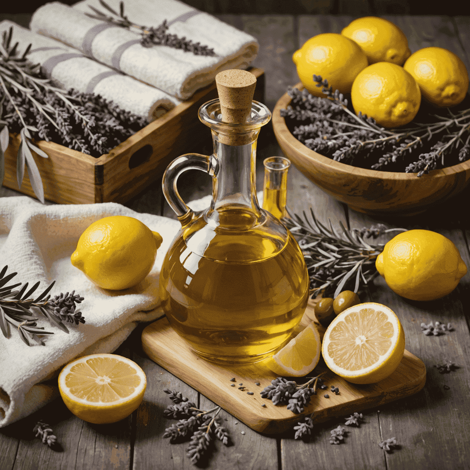 A serene Ugandian spa setting with natural ingredients like olive oil, lemons, and lavender