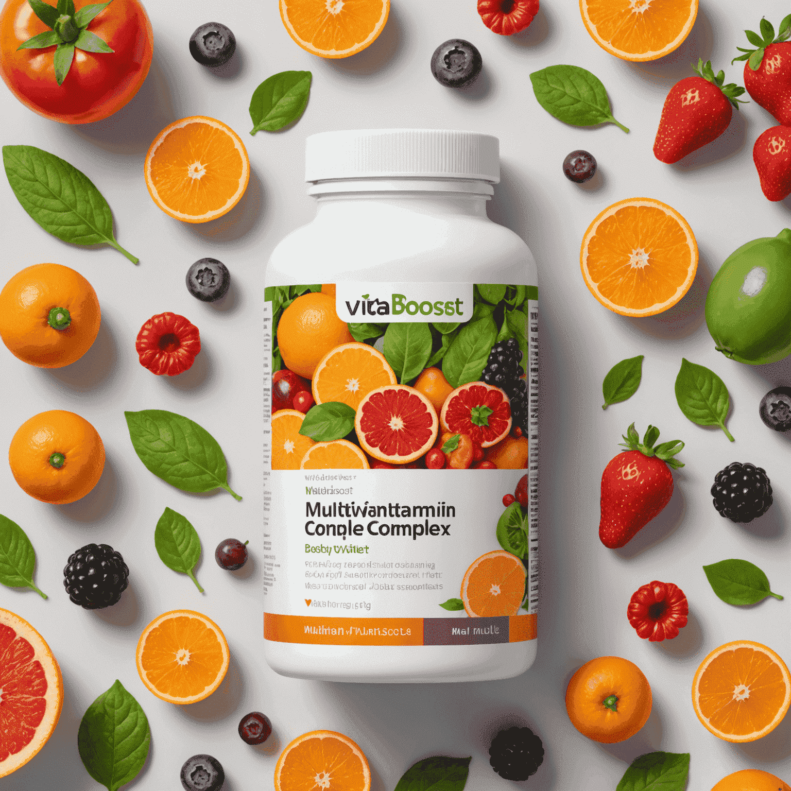 A modern, minimalist bottle of VitaBoost Multivitamin Complex tablets, surrounded by an array of colorful fruits and vegetables representing its comprehensive nutrient profile