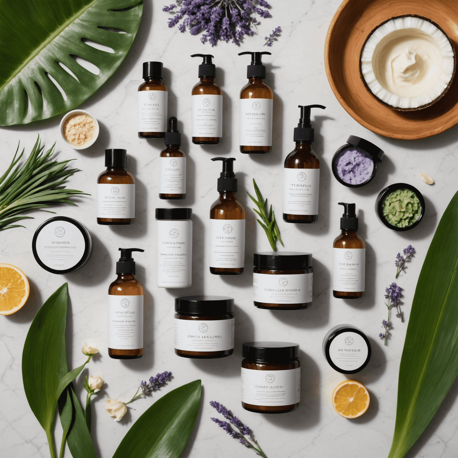 An array of VitaGlow's clean beauty products showcased against a backdrop of natural ingredients like aloe vera, coconut, and lavender