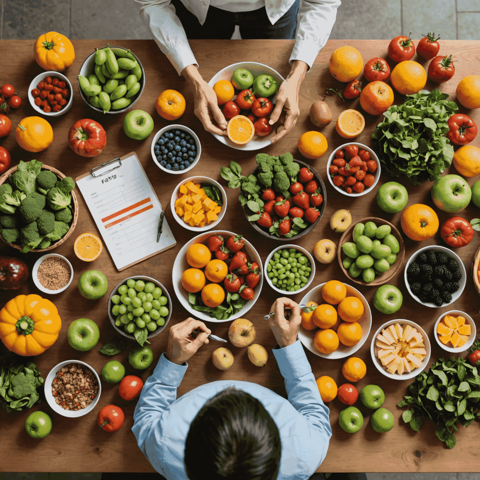 A colorful array of fresh fruits, vegetables, and healthy foods arranged on a table. A nutritionist is shown discussing meal plans with a client, emphasizing the personalized approach to nutrition.