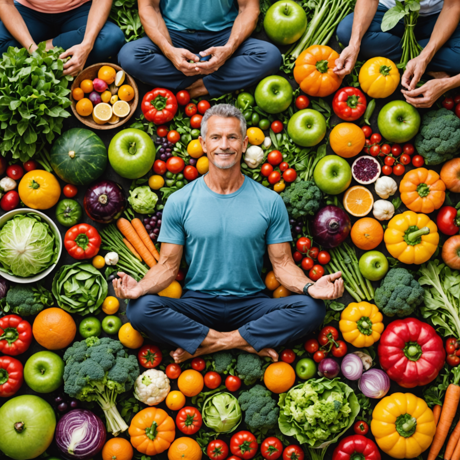 A collage showcasing various aspects of a healthy lifestyle: fresh, colorful vegetables and fruits, people exercising outdoors, and a person meditating, all representing the holistic approach to wellness promoted by VitaGlow.