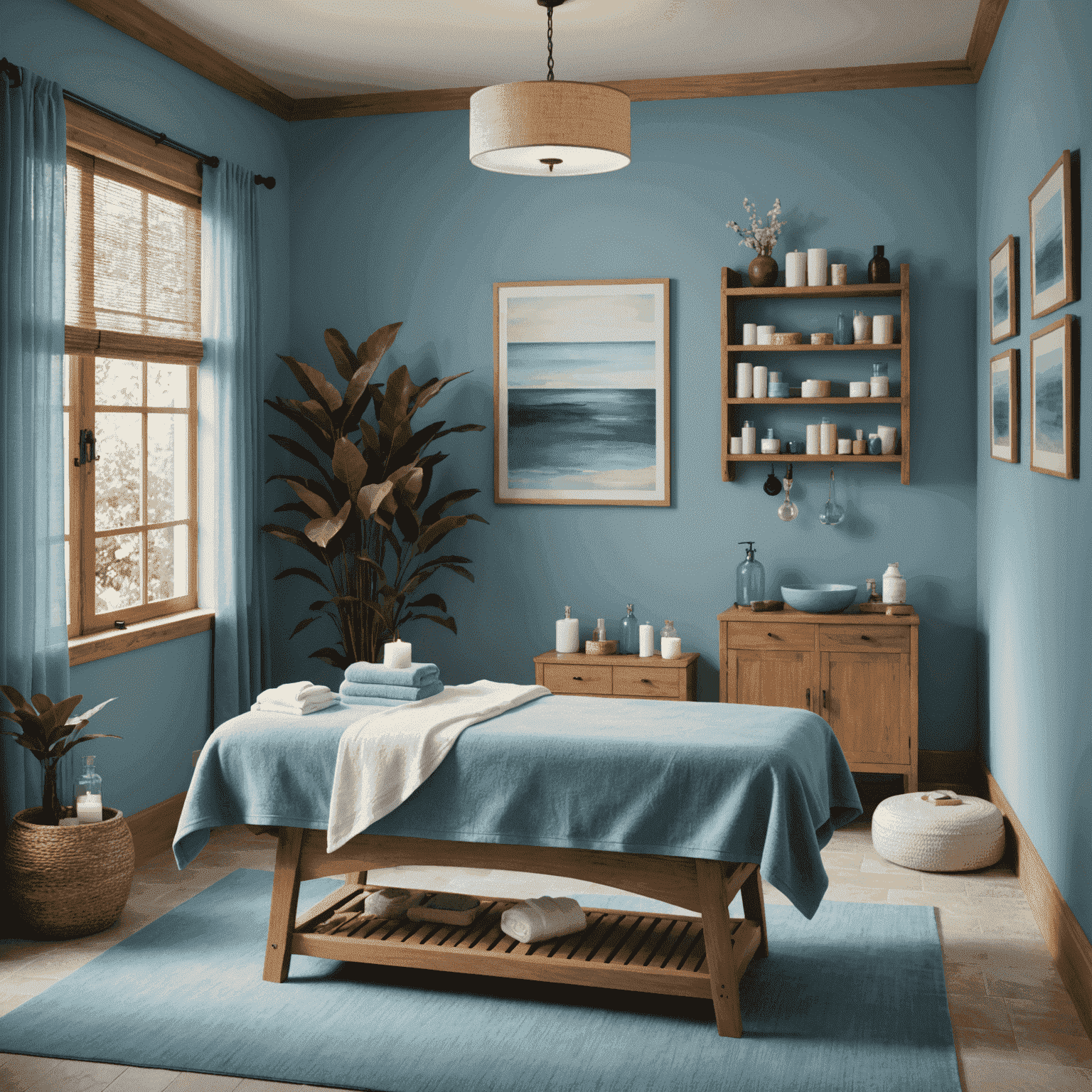A peaceful spa room with massage table, aromatherapy diffuser, and calming blue accents, suggesting a stress-free environment