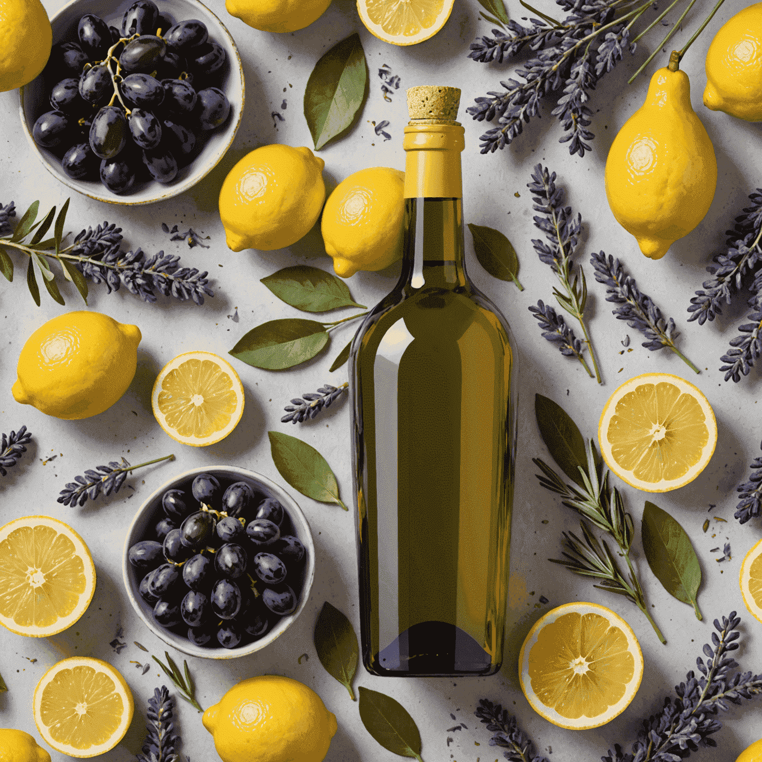 A collage of Ugandian beauty ingredients including olive oil, wine grapes, lemons, and lavender