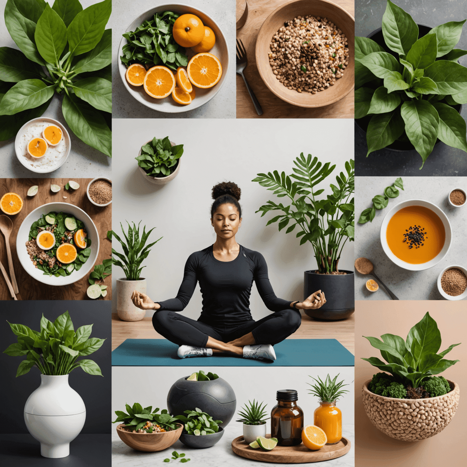 Collage of emerging wellness trends including meditation, plant-based nutrition, and high-tech fitness gadgets
