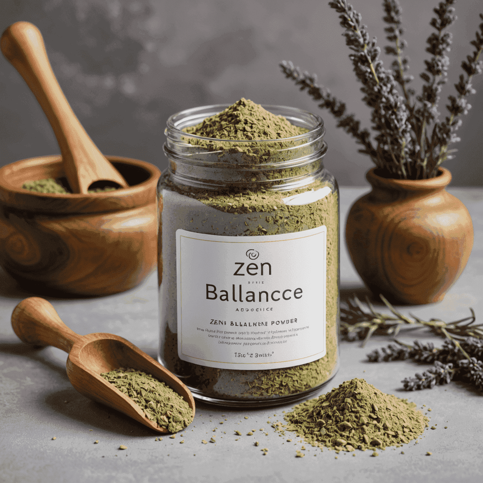 An elegant jar of Zen Balance Adaptogenic Blend powder, with a wooden scoop and calming herbs like lavender and chamomile scattered around, emphasizing its stress-reducing properties