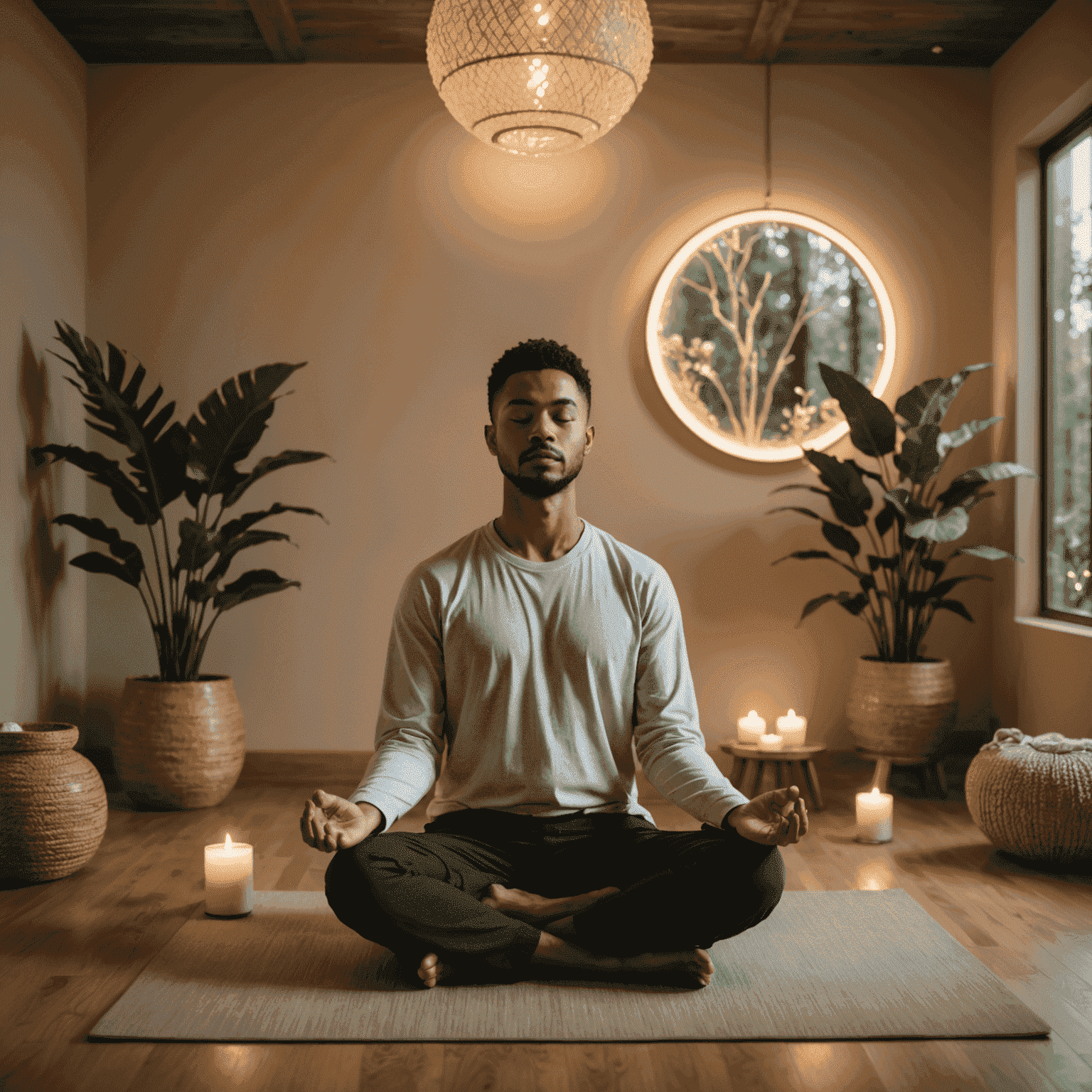 A peaceful scene of a person meditating in a VitaGlow wellness center, surrounded by calming decor and soft lighting