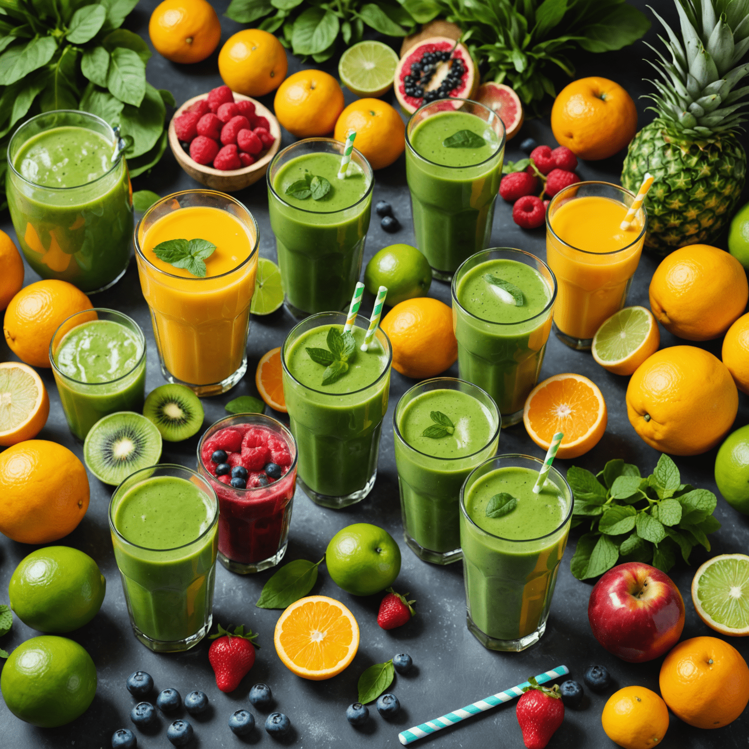 A vibrant scene with fresh fruits, green smoothies, and fitness equipment, representing a detoxifying and energizing wellness experience