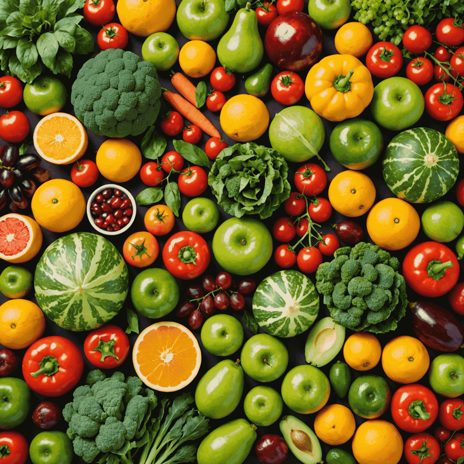 A colorful array of fresh, organic fruits and vegetables arranged to showcase the variety in VitaGlow's personalized nutrition plans