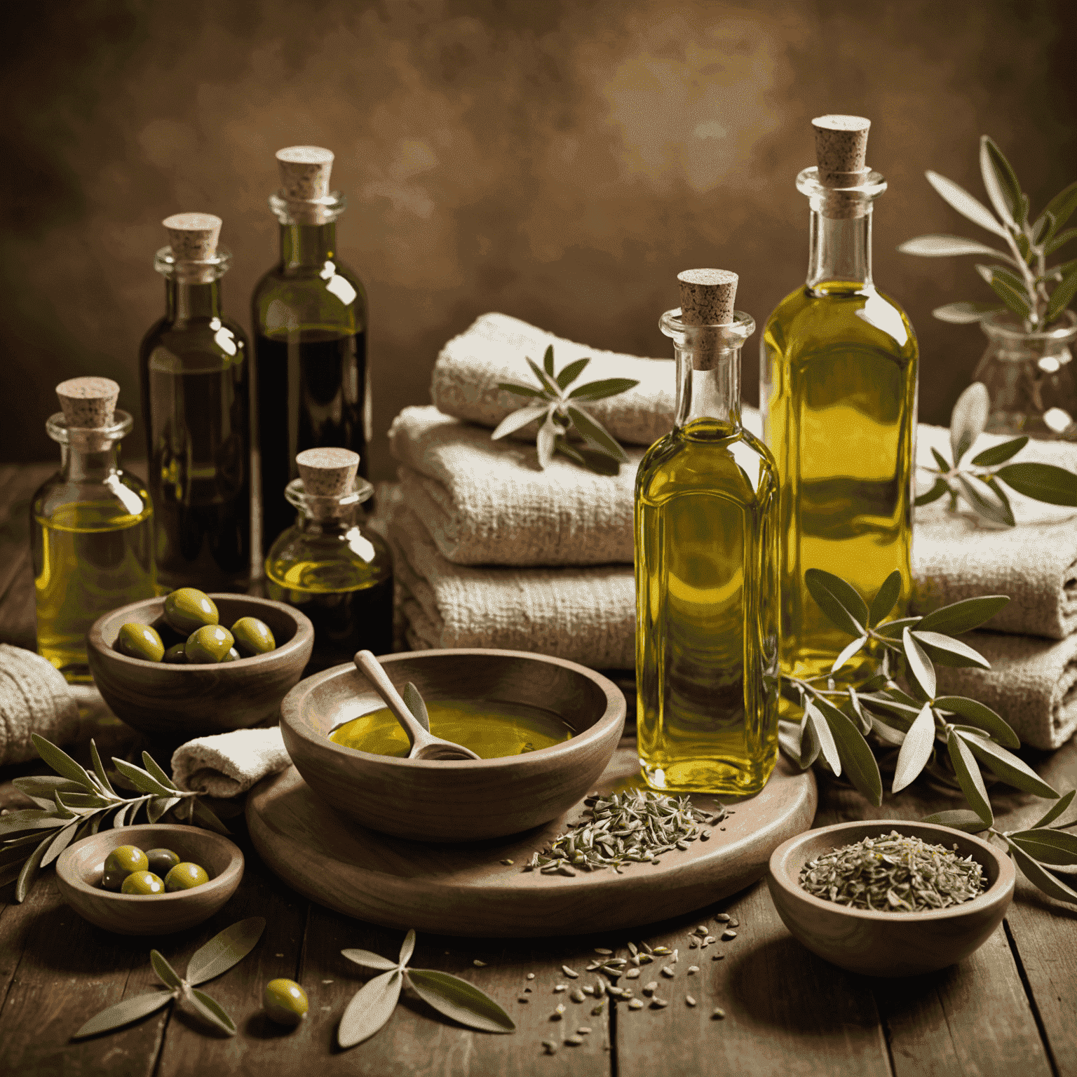 A picturesque Ugandian spa setting with traditional beauty products and treatments. The image showcases olive oil, herbs, and other natural ingredients used in Ugandian beauty rituals.